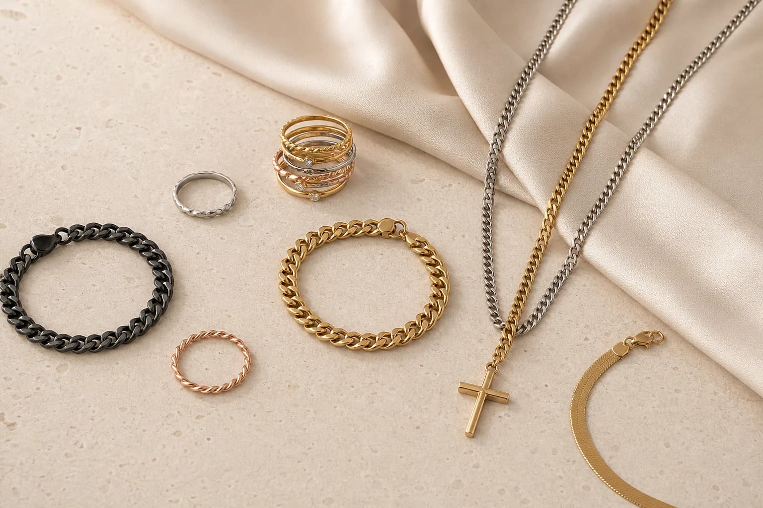 Bijoux RIVANE en accumulation sur surface ivoire